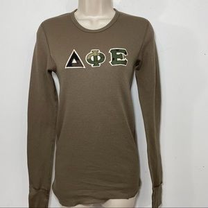 Delta phi epsilon sorority shirt waffle knit long sleeves camo letters small